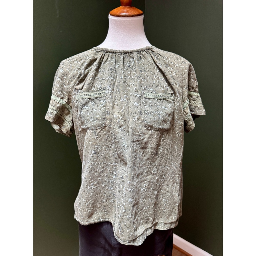 Adolfo Dominguez Floral Print Short Sleeve Olive Green Blouse Women's Size XS